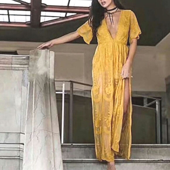 Eleter Yellow Lace Maxi Romper Dress Bohemian Boho Romantic Party Summer Size S - Picture 13 of 16